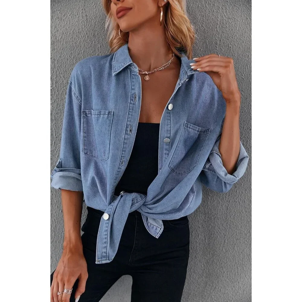 Women's Oversized Denim Shirt Long Sleeve Casual Button Down Pockets Light Blue - Picture 2 of 6